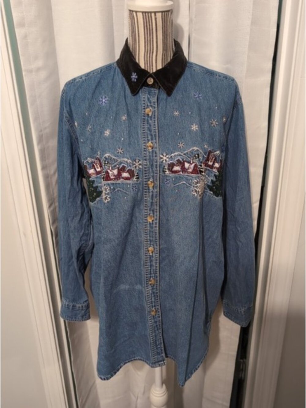 Vtg. Bobbie‎ Brooks Denim Embroidered Christmas Shirt Cottage Boho 14/16